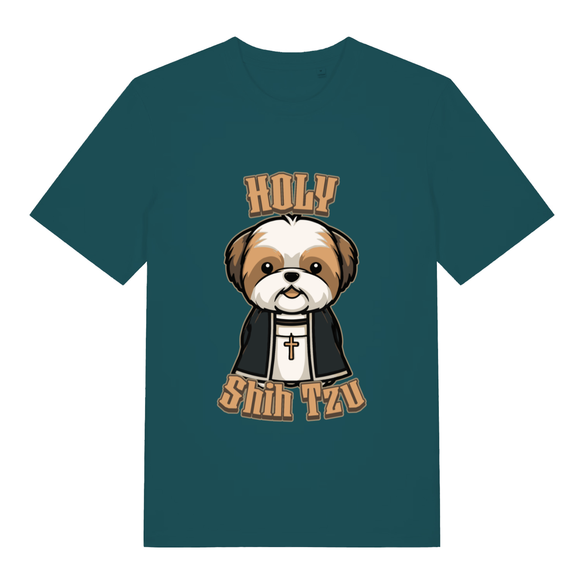 Stargazer women's Holy Shihtzu T-shirt flat lay displaying Holy Shihtzu priest dog illustration