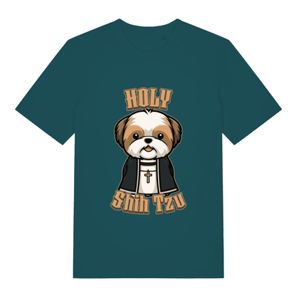 Stargazer women's Holy Shihtzu T-shirt flat lay displaying Holy Shihtzu priest dog illustration