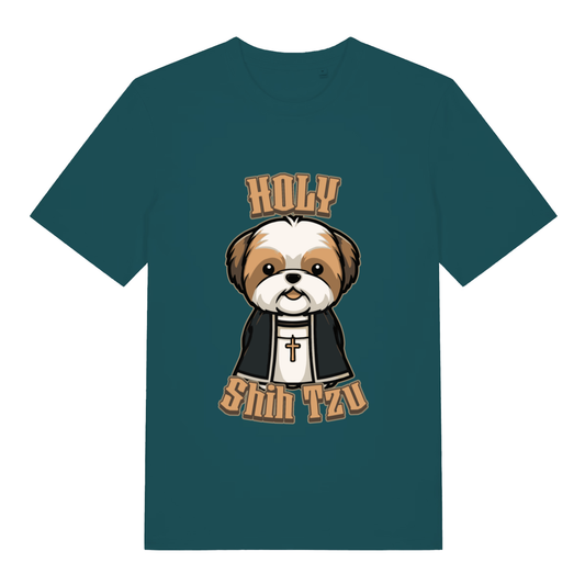 Stargazer women's Holy Shihtzu T-shirt flat lay displaying Holy Shihtzu priest dog illustration
