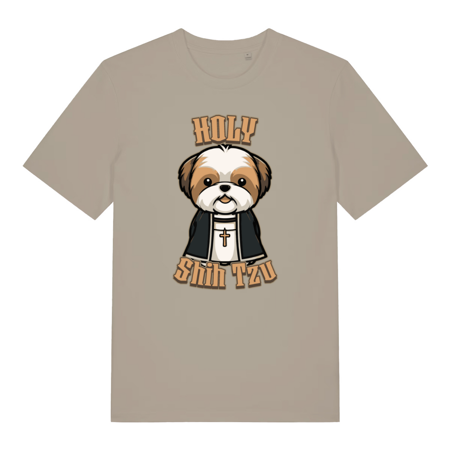 stone women's funny animal t-shirt with a cartoon dog and 'Holy Shih Tzu' text 