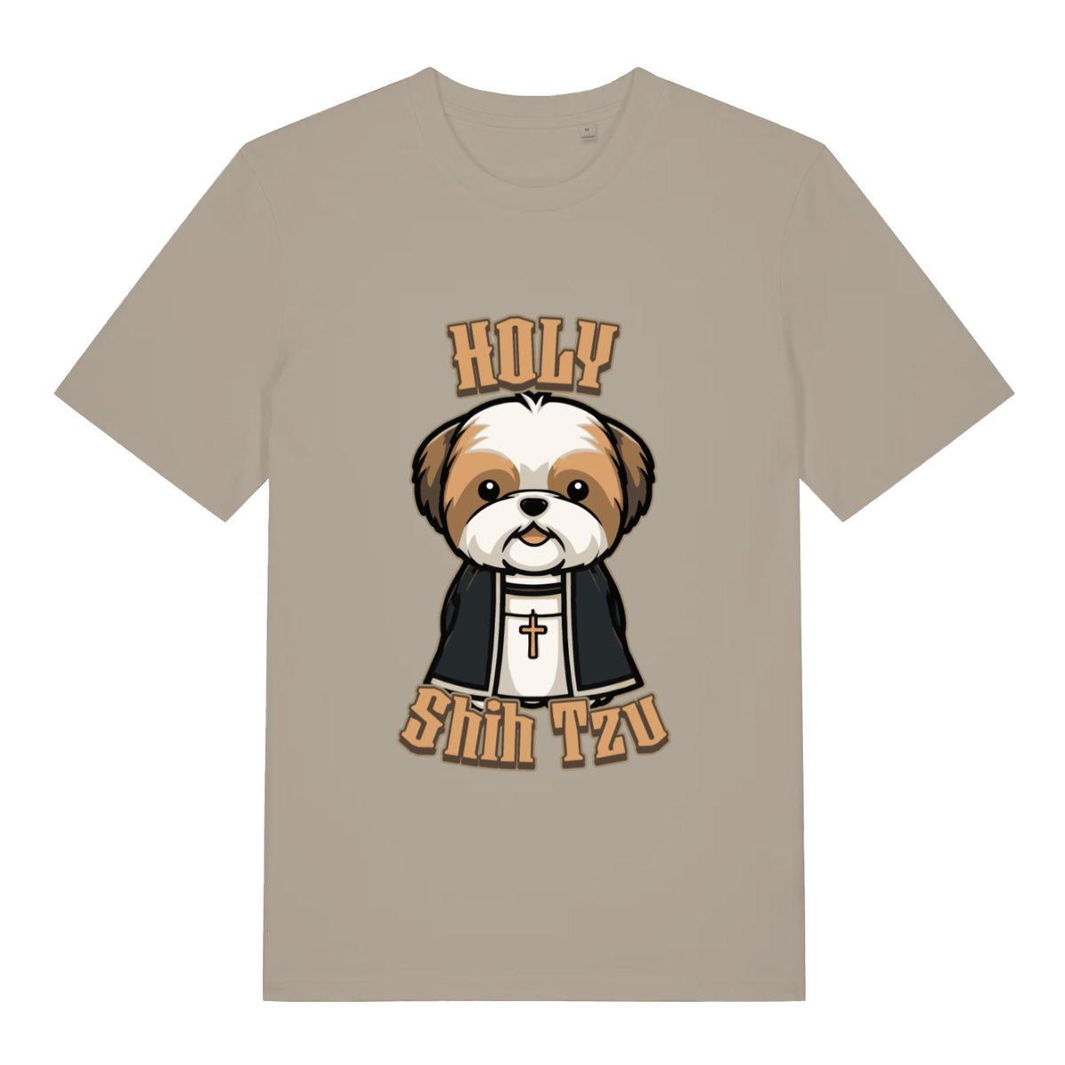 Stone women's Holy Shihtzu T-shirt flat lay with cute Shih Tzu priest "Holy Shihtzu" graphic
