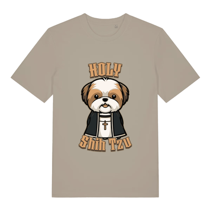 Stone women's Holy Shihtzu T-shirt flat lay with cute Shih Tzu priest "Holy Shihtzu" graphic