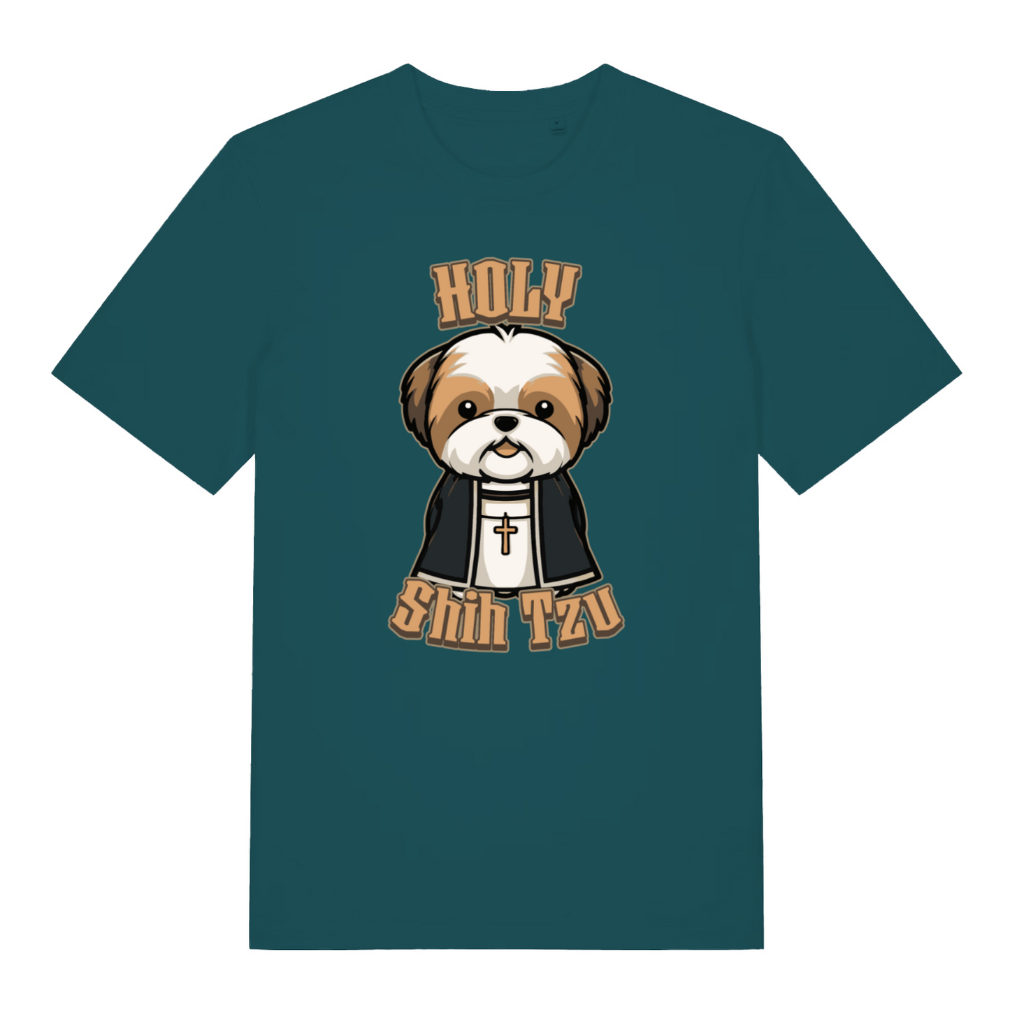 teal women's funny animal t-shirt with a cartoon dog and 'Holy Shih Tzu' text 