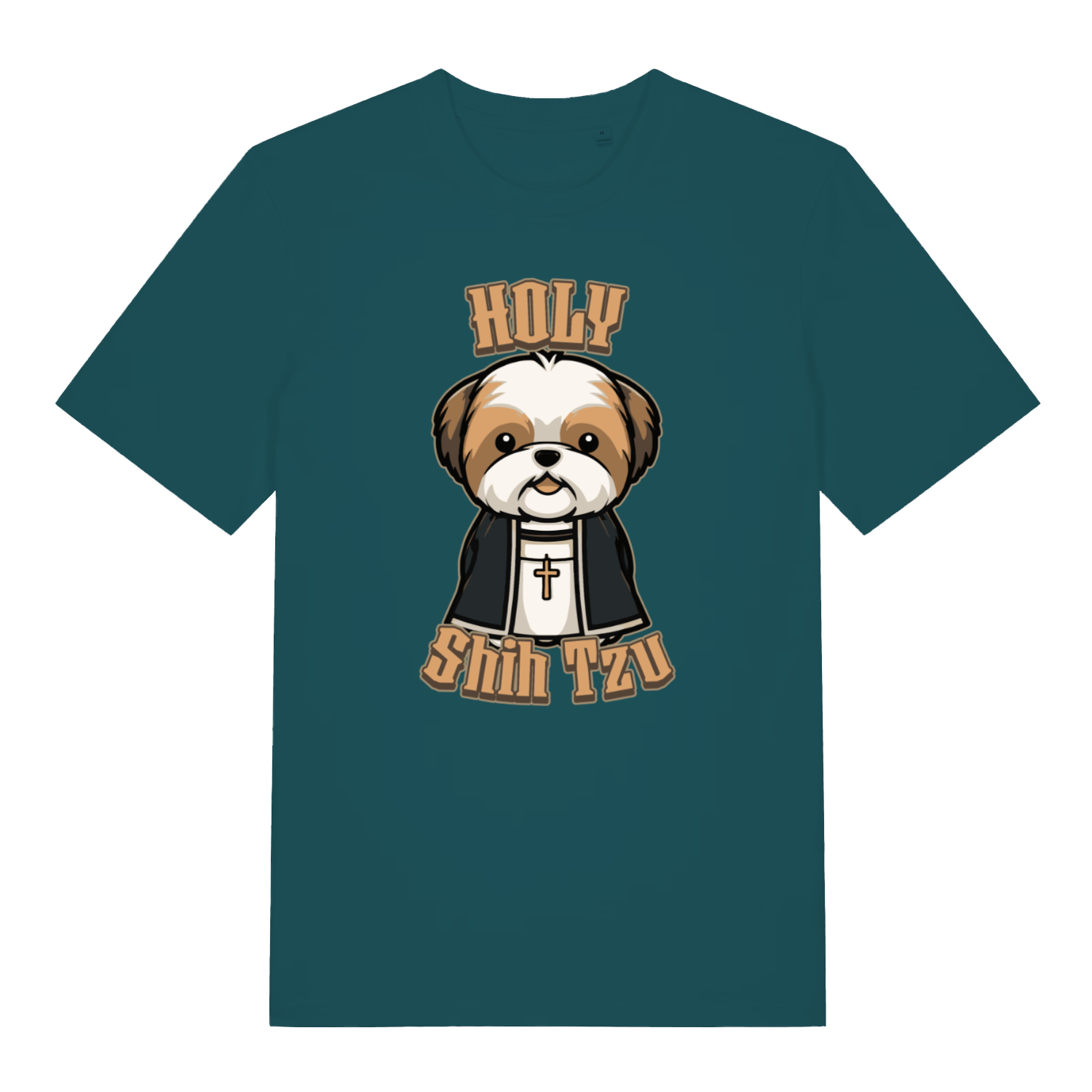 teal women's funny animal t-shirt with a cartoon dog and 'Holy Shih Tzu' text 
