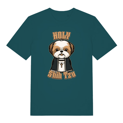 teal women's funny animal t-shirt with a cartoon dog and 'Holy Shih Tzu' text 