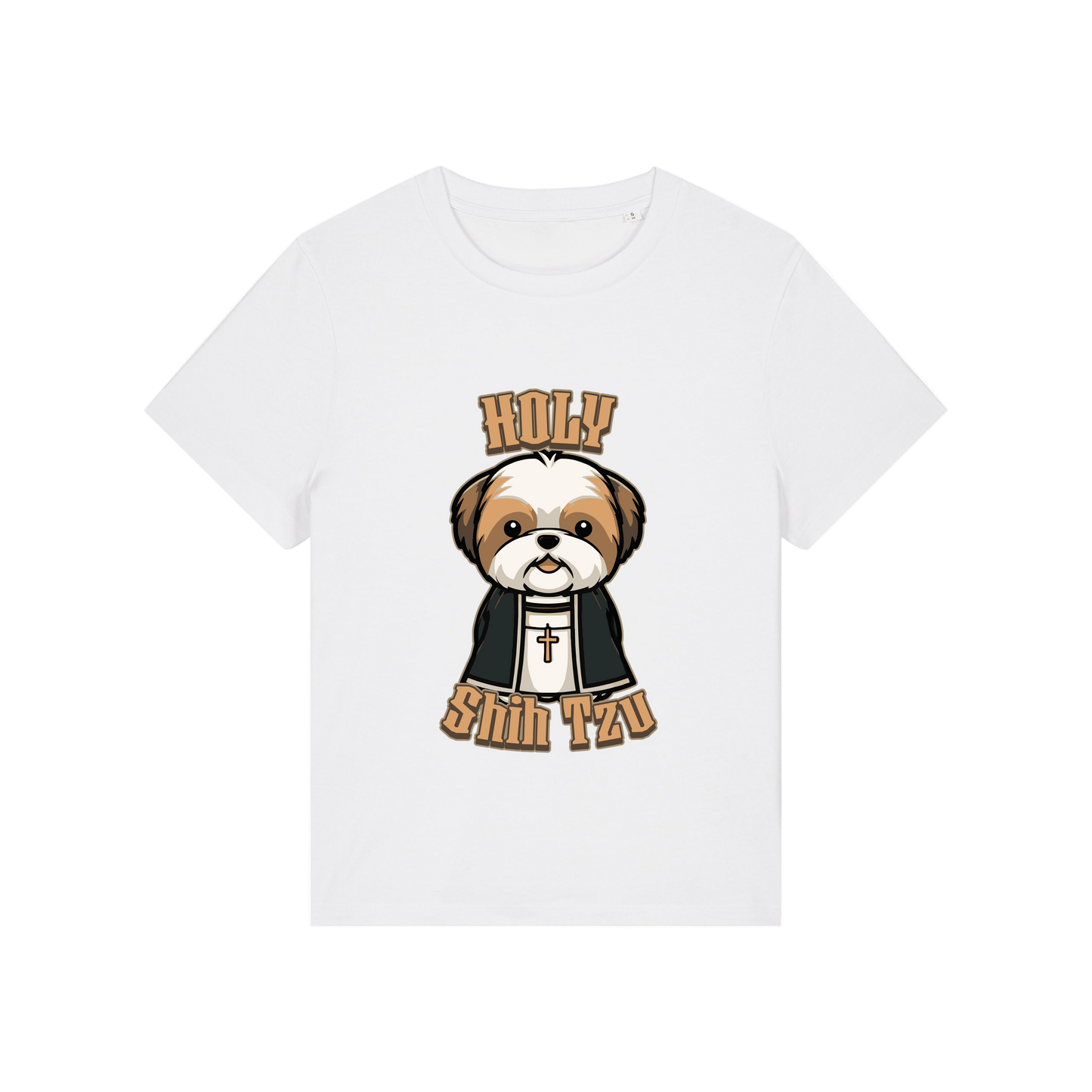 white funny dog t-shirt with the graphic of a shihtzu dressed as a vicar and the slogan 'holy shihtzu'