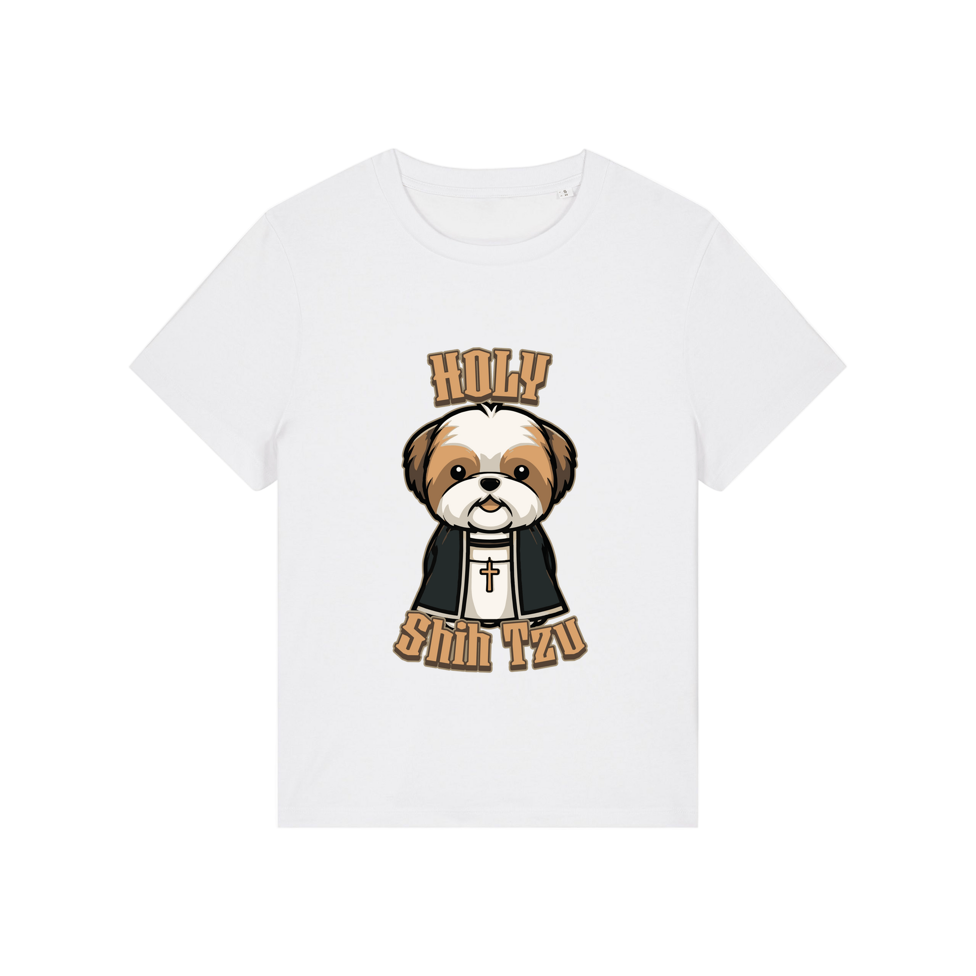 white funny dog t-shirt with the graphic of a shihtzu dressed as a vicar and the slogan 'holy shihtzu'