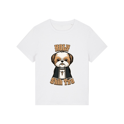 white funny dog t-shirt with the graphic of a shihtzu dressed as a vicar and the slogan 'holy shihtzu'