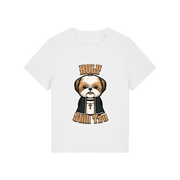 white funny dog t-shirt with the graphic of a shihtzu dressed as a vicar and the slogan 'holy shihtzu'