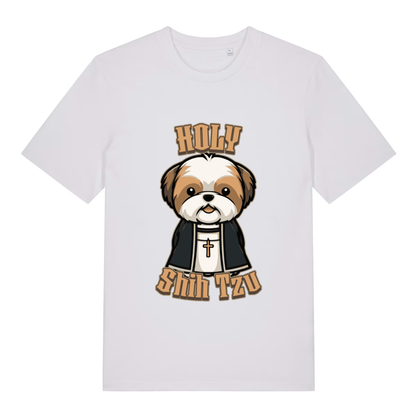 White women's Holy Shihtzu T-shirt flat lay with cute Shih Tzu priest "Holy Shihtzu" graphic