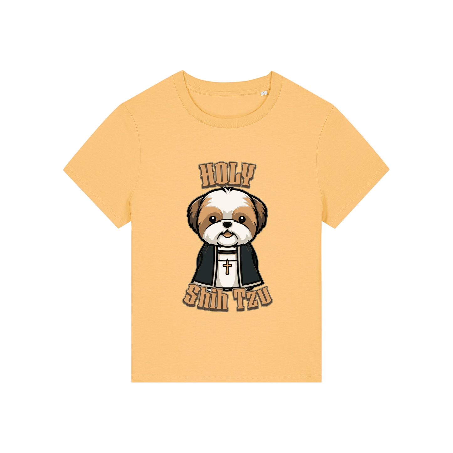 yellow funny dog t-shirt with the graphic of a shihtzu dressed as a vicar and the slogan 'holy shihtzu'