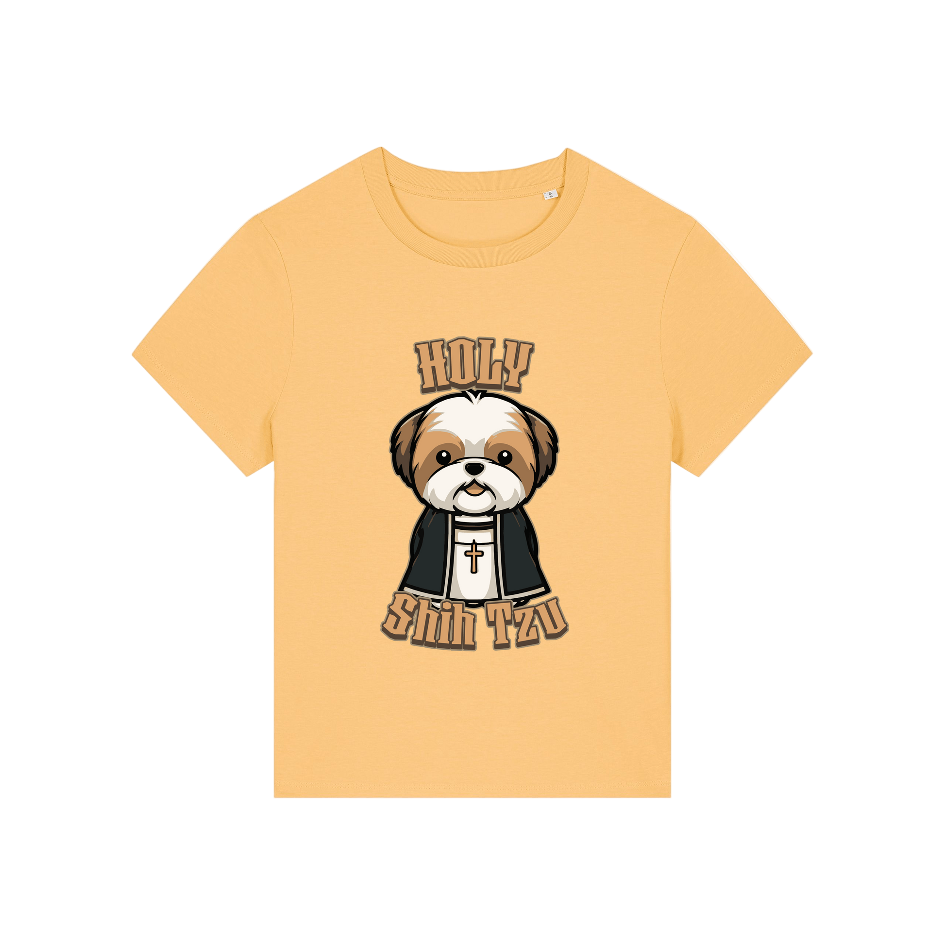 yellow funny dog t-shirt with the graphic of a shihtzu dressed as a vicar and the slogan 'holy shihtzu'