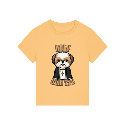 yellow funny dog t-shirt with the graphic of a shihtzu dressed as a vicar and the slogan 'holy shihtzu'