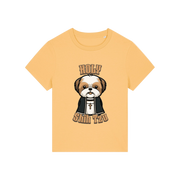 yellow funny dog t-shirt with the graphic of a shihtzu dressed as a vicar and the slogan 'holy shihtzu'
