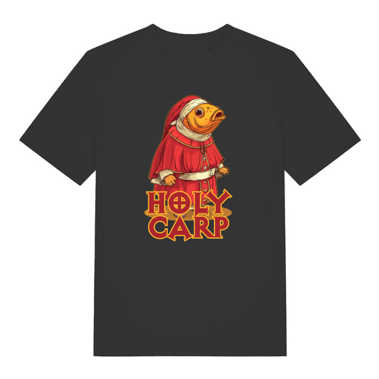 black funny offensive t-shirt with the graphic of a fish dressed as a cardinal and the slogan 'holy carp'