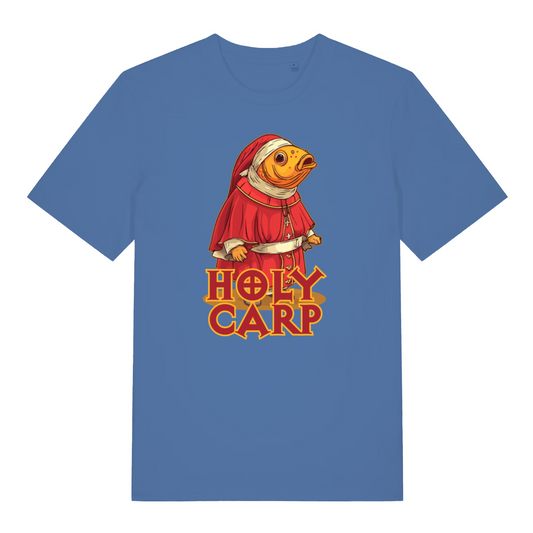 blue funny offensive t-shirt with the graphic of a fish dressed as a cardinal and the slogan 'holy carp'