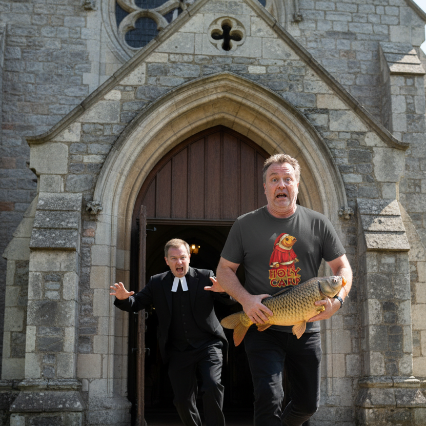 Two men in front of a stone building with one holding a fish