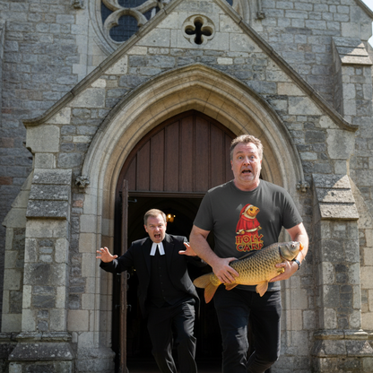 Two men in front of a stone building with one holding a fish