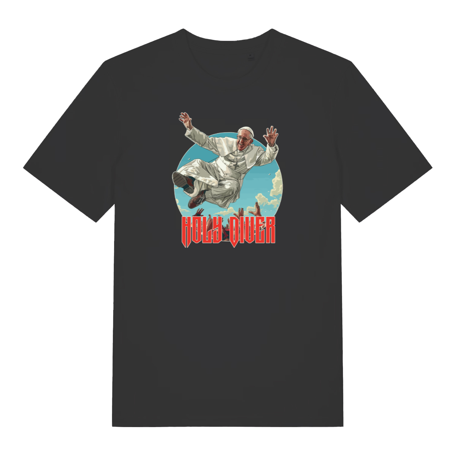 black music t-shirt with the graphic of the pope jumping into a crowd and the slogan 'holy diver'