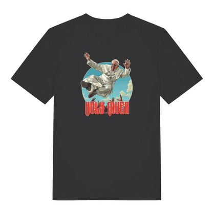 black music t-shirt with the graphic of the pope jumping into a crowd and the slogan 'holy diver'
