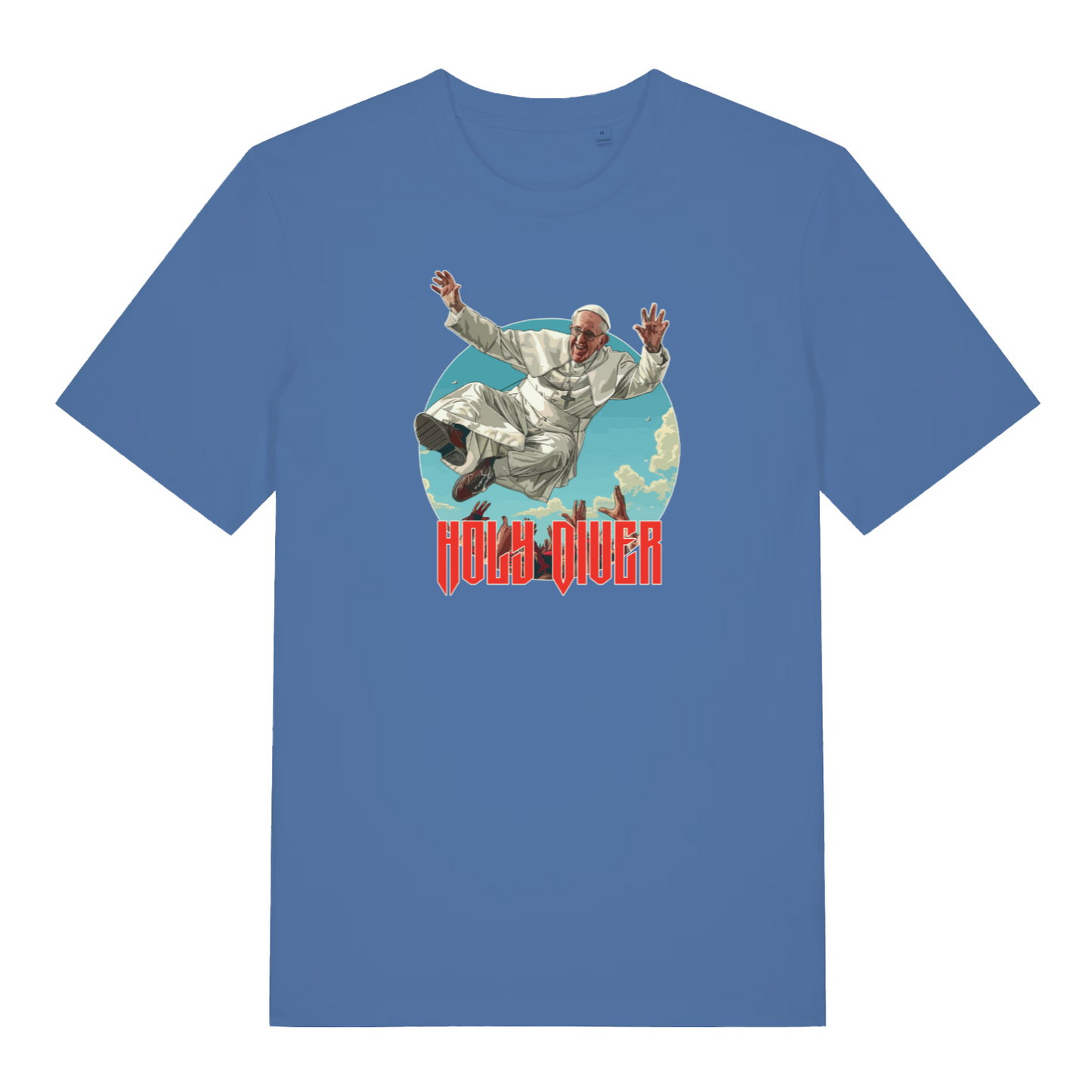 blue music t-shirt with the graphic of the pope jumping into a crowd and the slogan 'holy diver'