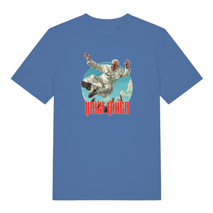blue music t-shirt with the graphic of the pope jumping into a crowd and the slogan 'holy diver'