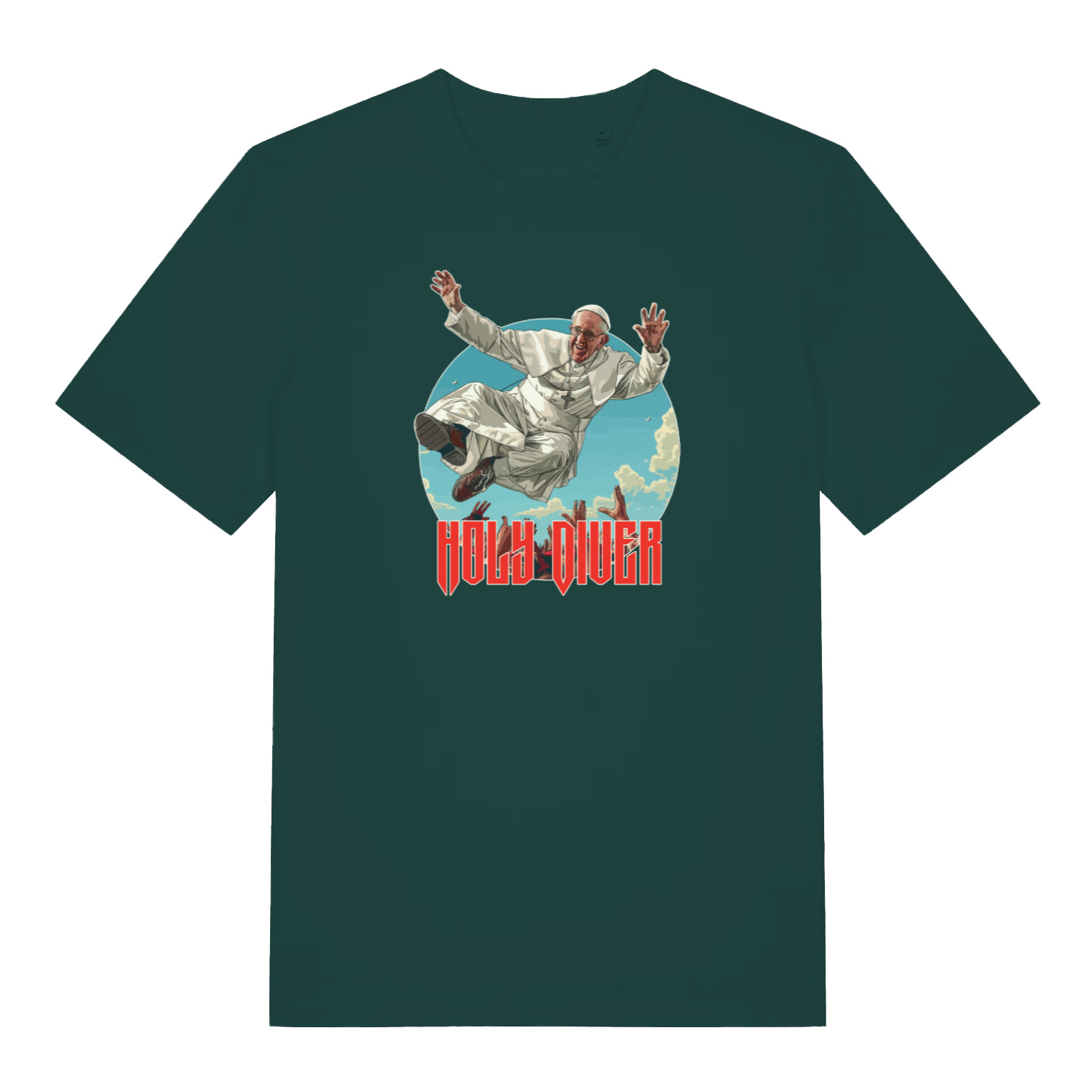 green music t-shirt with the graphic of the pope jumping into a crowd and the slogan 'holy diver'