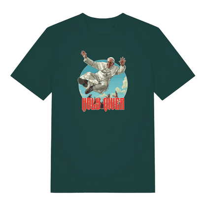 green music t-shirt with the graphic of the pope jumping into a crowd and the slogan 'holy diver'