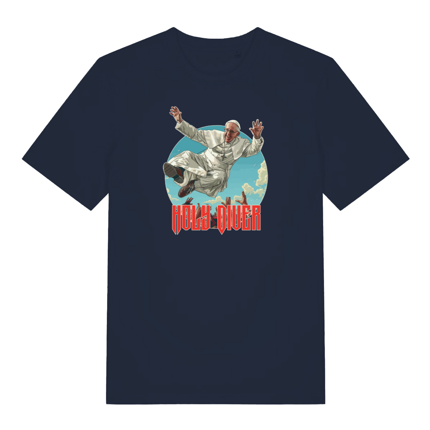 navy music t-shirt with the graphic of the pope jumping into a crowd and the slogan 'holy diver'