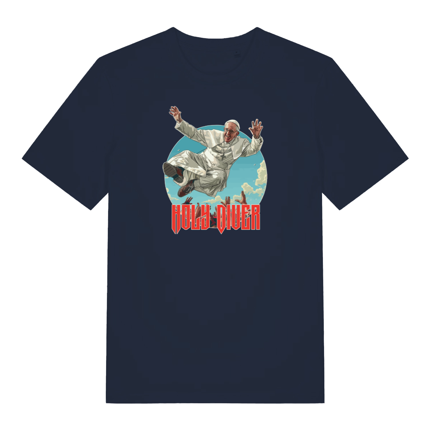 navy music t-shirt with the graphic of the pope jumping into a crowd and the slogan 'holy diver'