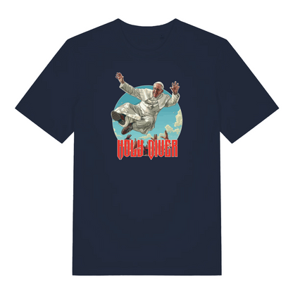 navy music t-shirt with the graphic of the pope jumping into a crowd and the slogan 'holy diver'