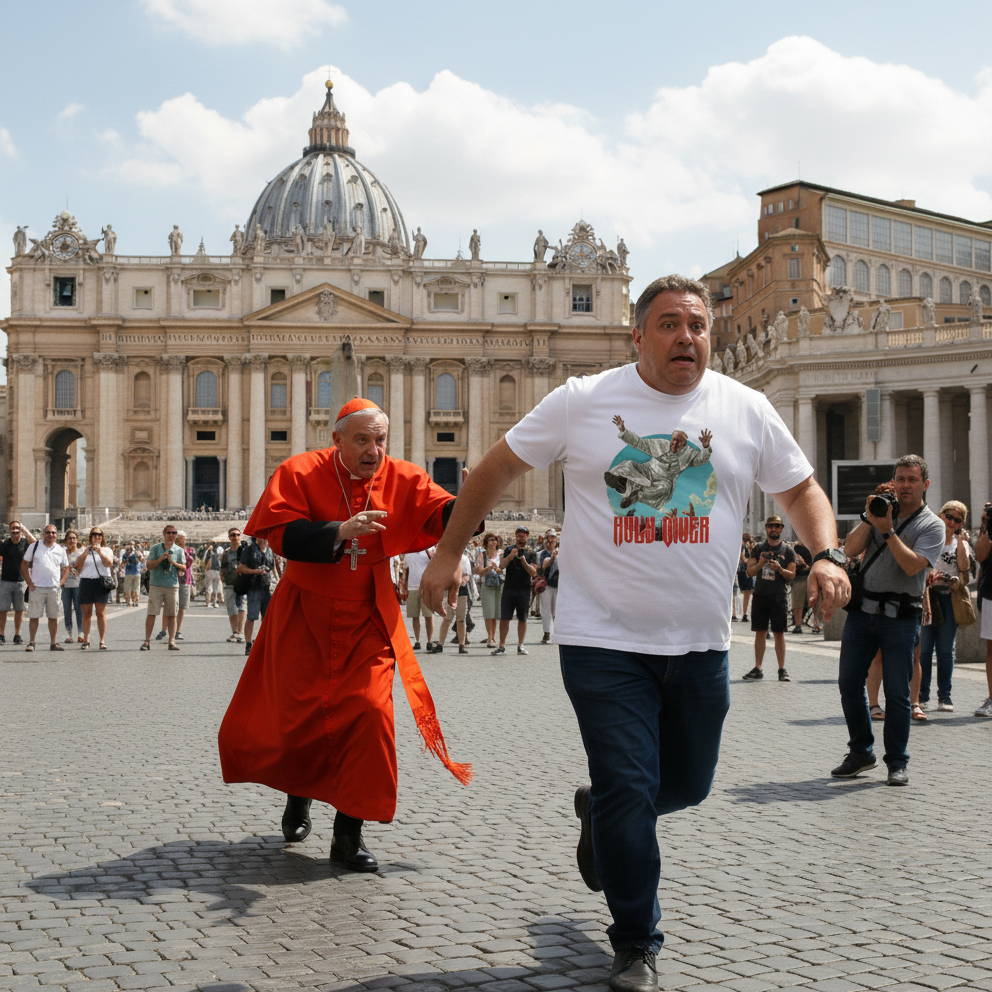 Man in white t-shirt with graphic design running past a person in red robes in front of a large building.