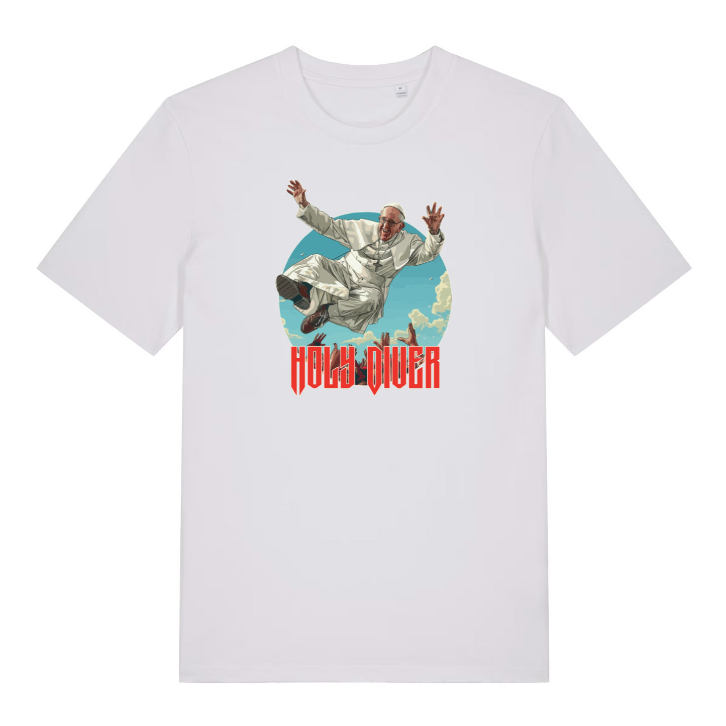 white music t-shirt with the graphic of the pope jumping into a crowd and the slogan 'holy diver'
