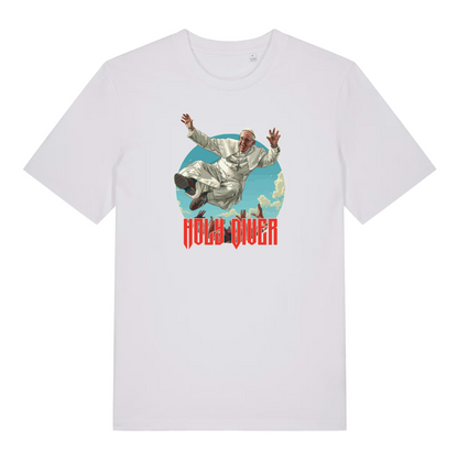 white music t-shirt with the graphic of the pope jumping into a crowd and the slogan 'holy diver'