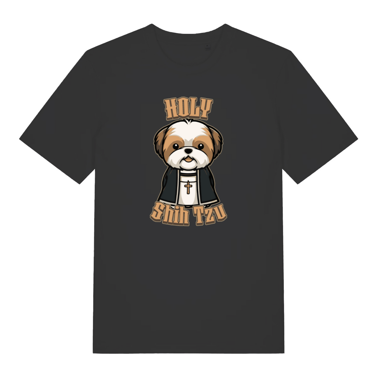 black funny animal t-shirt with the graphic of a dog dressed as a vicar and the slogan 'holy shihtzu'