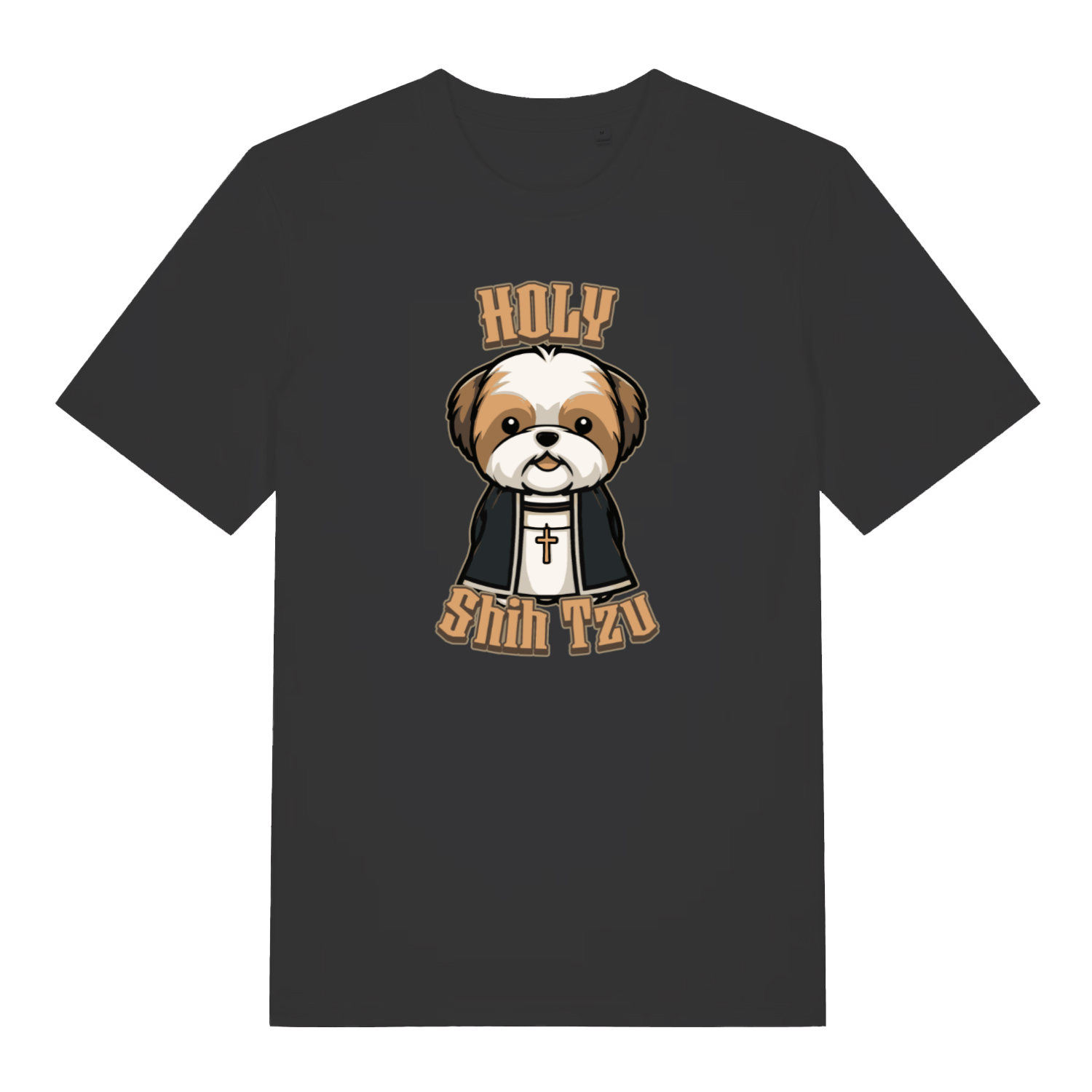 black funny animal t-shirt with the graphic of a dog dressed as a vicar and the slogan 'holy shihtzu'