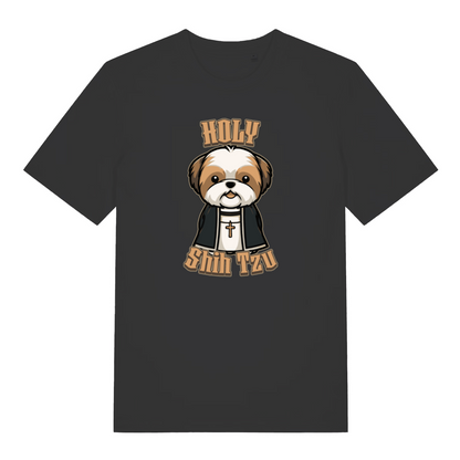 black funny animal t-shirt with the graphic of a dog dressed as a vicar and the slogan 'holy shihtzu'