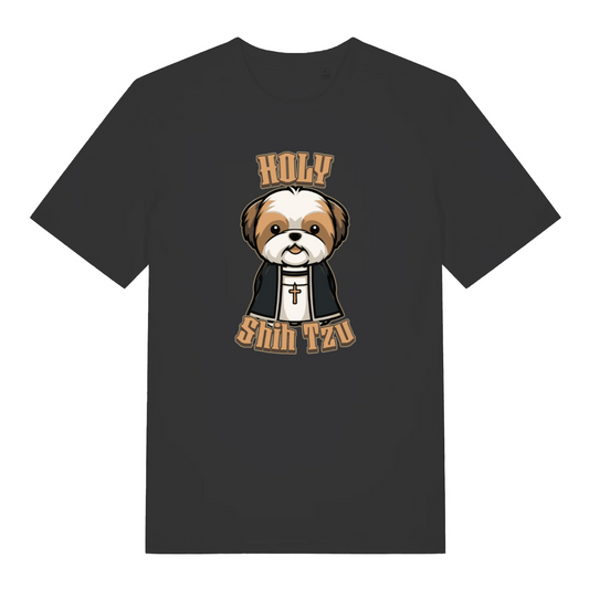 black funny animal t-shirt with the graphic of a dog dressed as a vicar and the slogan 'holy shihtzu'