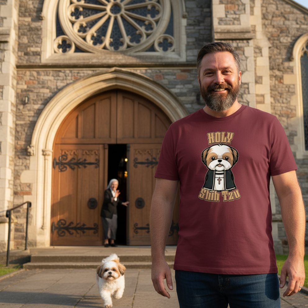 Man wearing a t-shirt with a dog graphic in front of a church