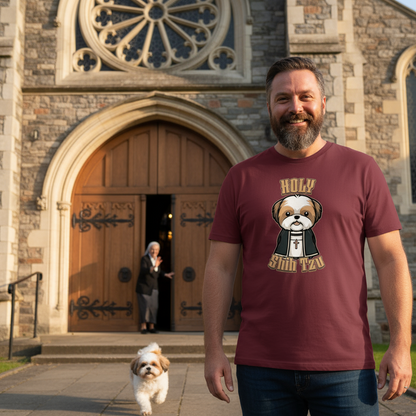 Man wearing a t-shirt with a dog graphic in front of a church