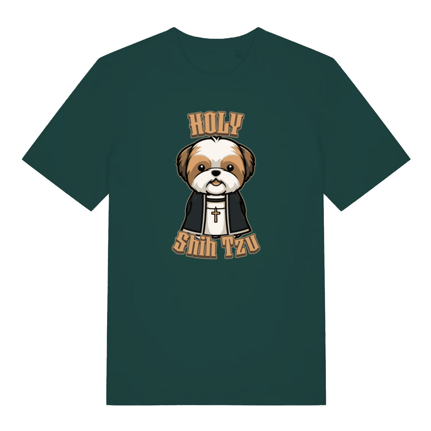 green funny animal t-shirt with the graphic of a dog dressed as a vicar and the slogan 'holy shihtzu'