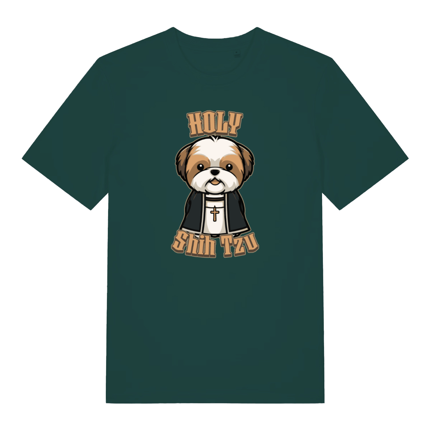green funny animal t-shirt with the graphic of a dog dressed as a vicar and the slogan 'holy shihtzu'