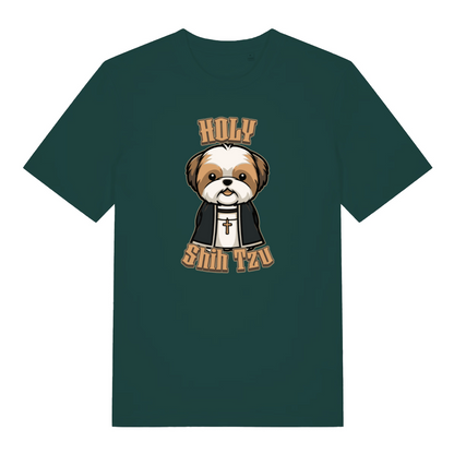 green funny animal t-shirt with the graphic of a dog dressed as a vicar and the slogan 'holy shihtzu'
