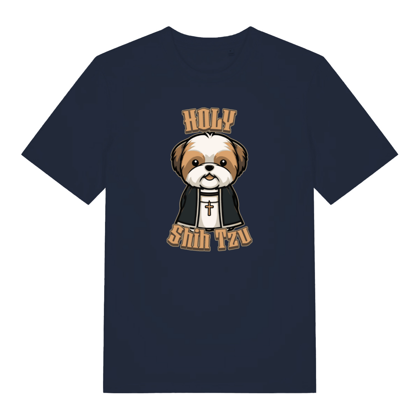 navy funny animal t-shirt with the graphic of a dog dressed as a vicar and the slogan 'holy shihtzu'