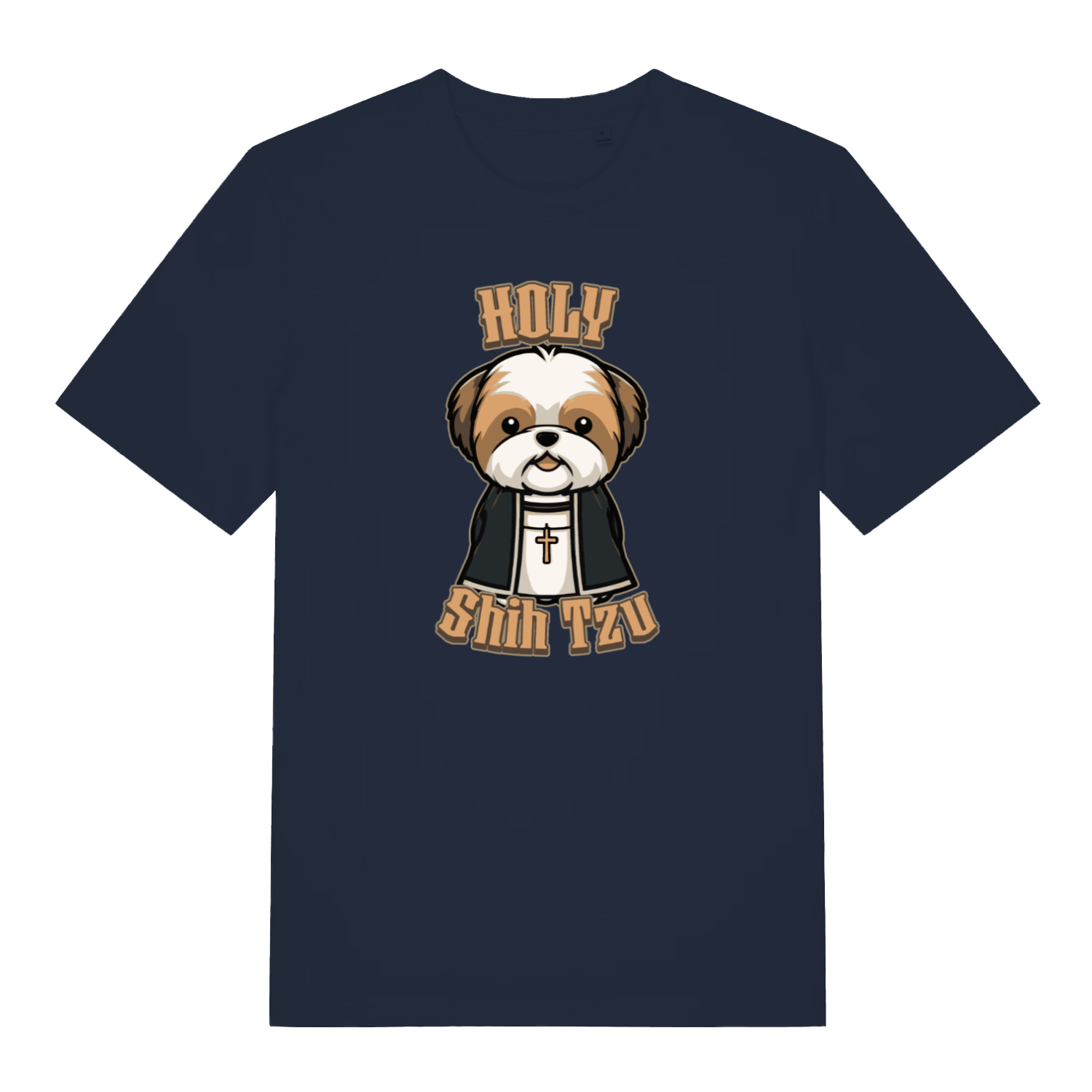 navy funny animal t-shirt with the graphic of a dog dressed as a vicar and the slogan 'holy shihtzu'