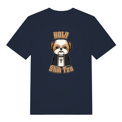 navy funny animal t-shirt with the graphic of a dog dressed as a vicar and the slogan 'holy shihtzu'