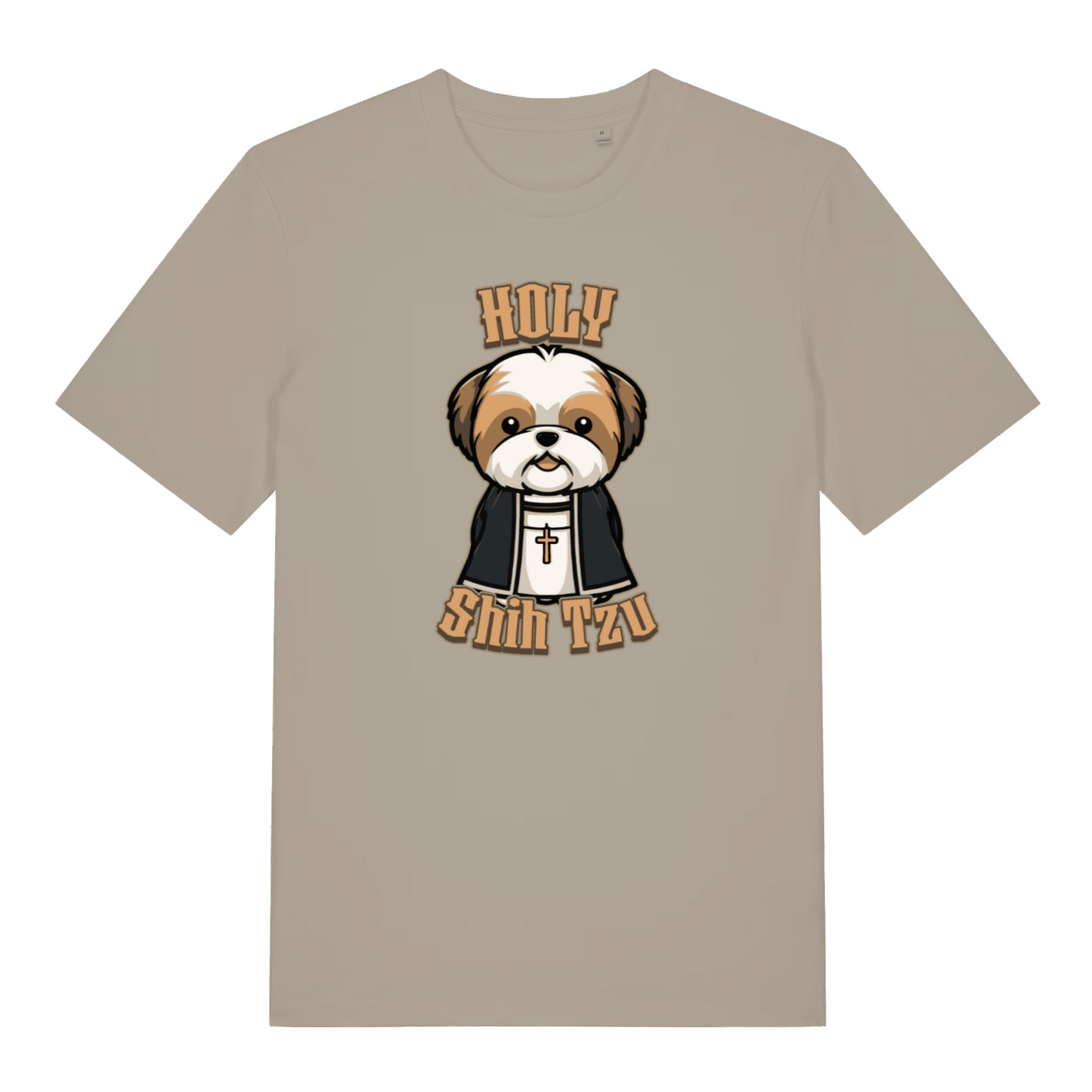 stone funny animal t-shirt with the graphic of a dog dressed as a vicar and the slogan 'holy shihtzu'