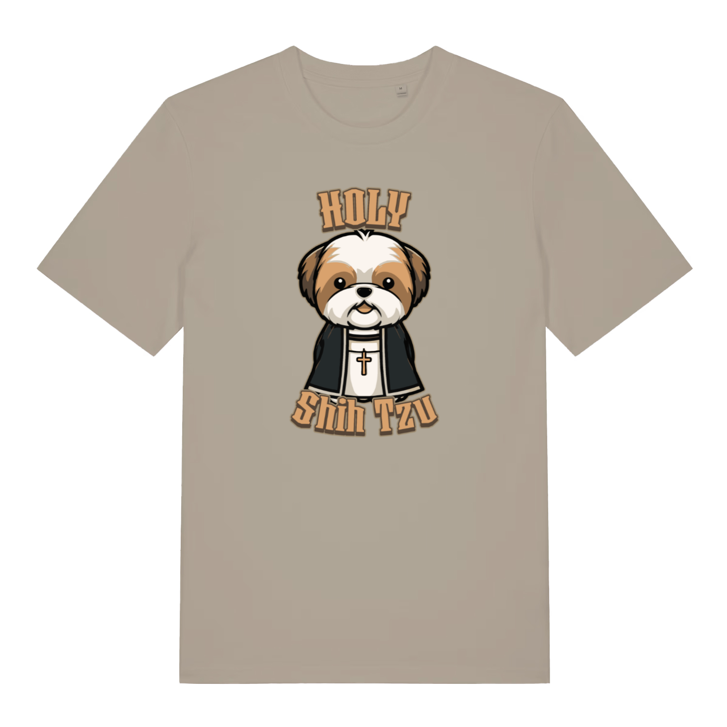 stone funny animal t-shirt with the graphic of a dog dressed as a vicar and the slogan 'holy shihtzu'