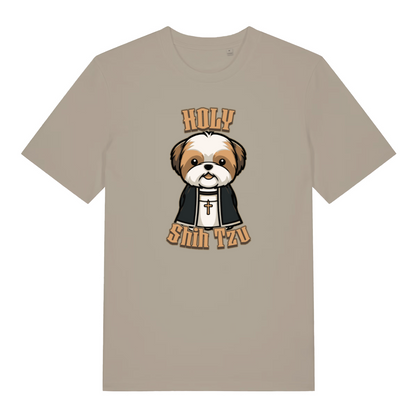 stone funny animal t-shirt with the graphic of a dog dressed as a vicar and the slogan 'holy shihtzu'
