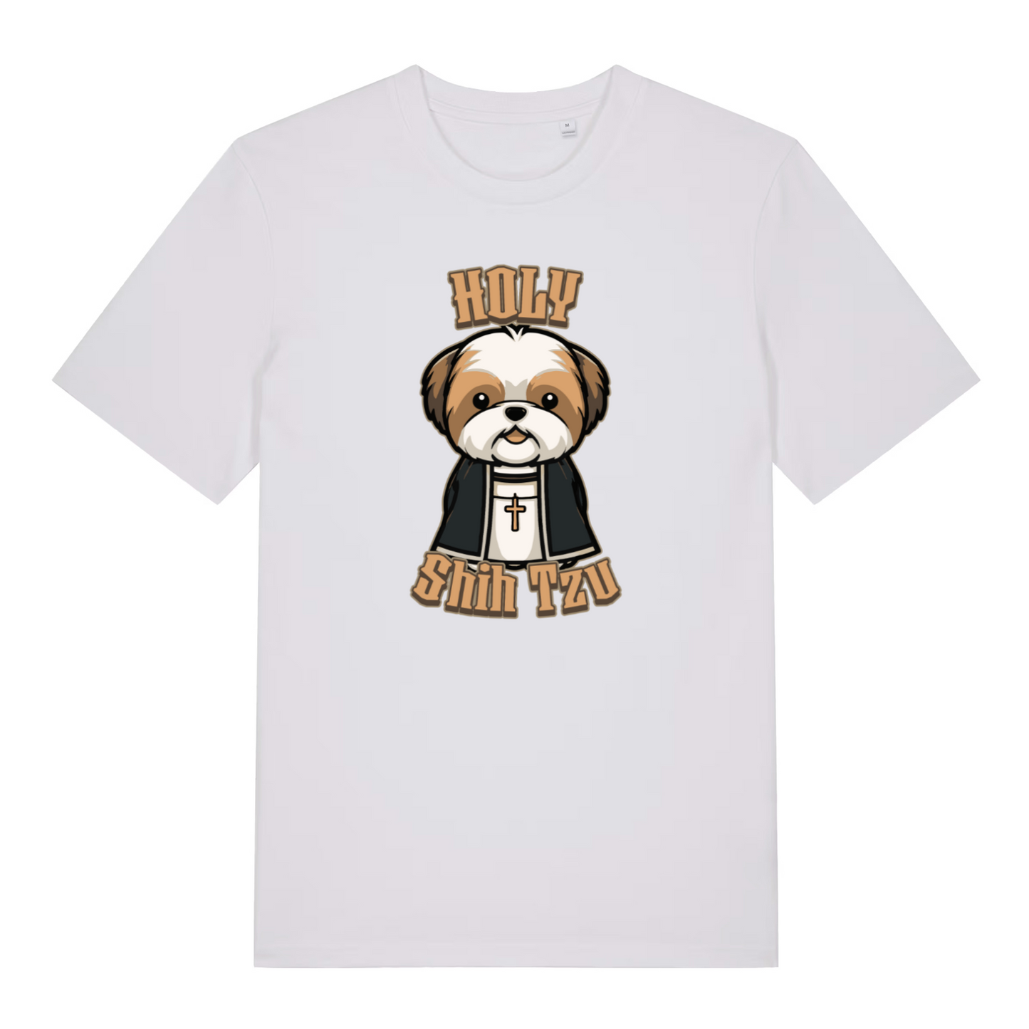 white funny animal t-shirt with the graphic of a dog dressed as a vicar and the slogan 'holy shihtzu'
